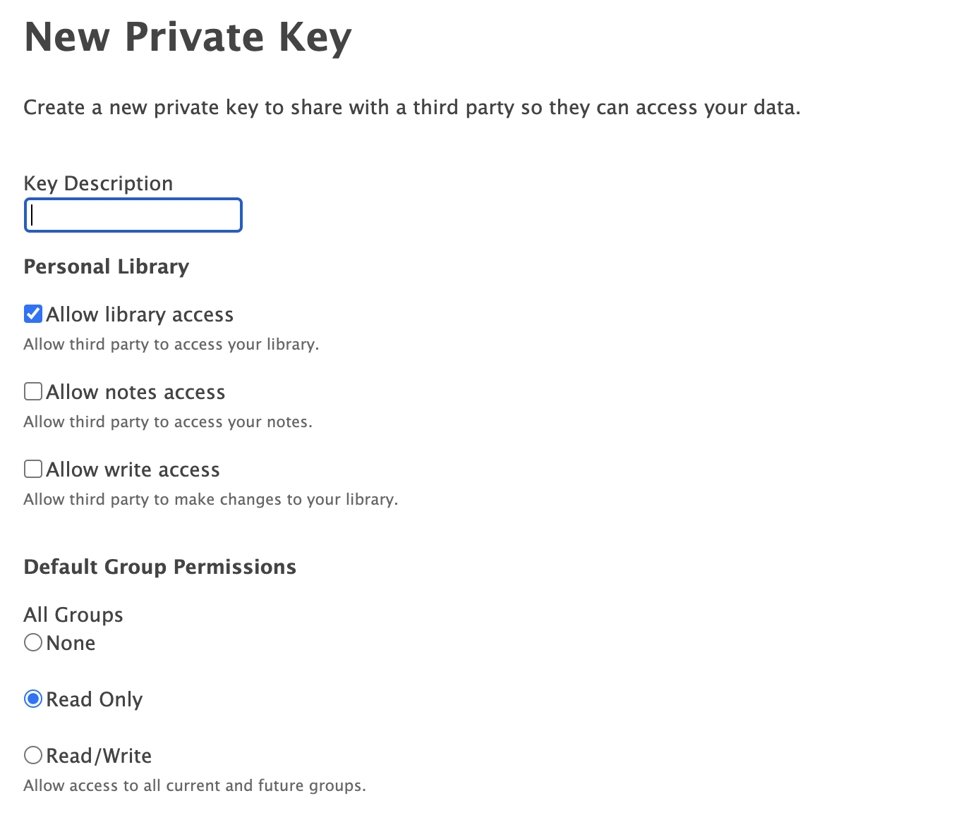 The 'New Private Key' section of Zotero. The 'Allow library access' option is selected.