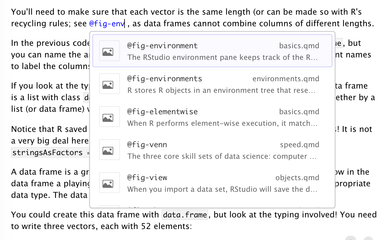 A document opened in the R Studio Visual Editor. The text '@fig-env' is highlighted in blue and a pop-up window displaying search results is displayed underneath it.  Each of the search results has a title of the form '@fig-env*', an image icon to the left, the file name where the figure was found the far right side, and some of the surrounding text from where the reference was found underneath it.