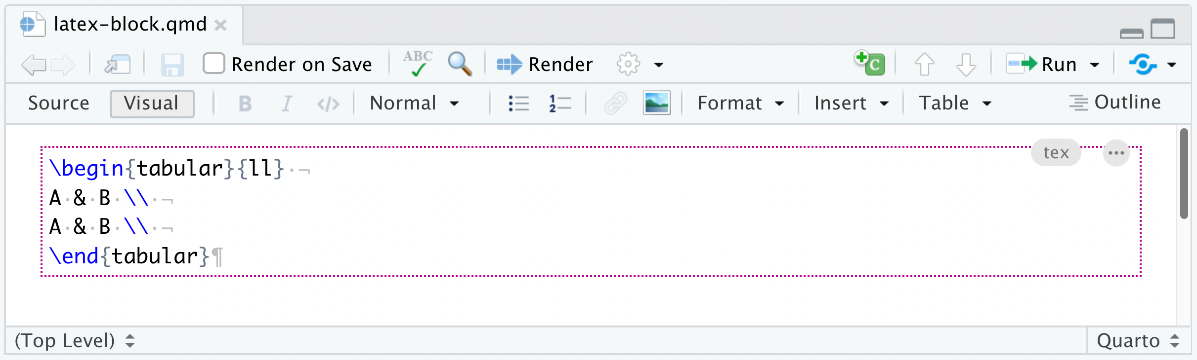 An R Markdown document opened in the R Studio visual editor. There is raw LaTeX describing a table surrounded by a pink rectangle. The rectangle runs the width of the page. At the top right of the pink rectangle is the label 'latex' and another button labeled by three dots. The 