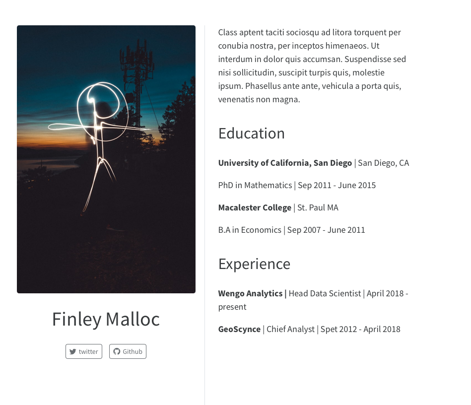 Screenshot of About page with trestles template. On the left-hand side there is a rectangular photo above the author's name, and two buttons (one for twitter, and one for github below). On the right hand side there is a paragraph of body text followed by headered sections for Education and Experience.
