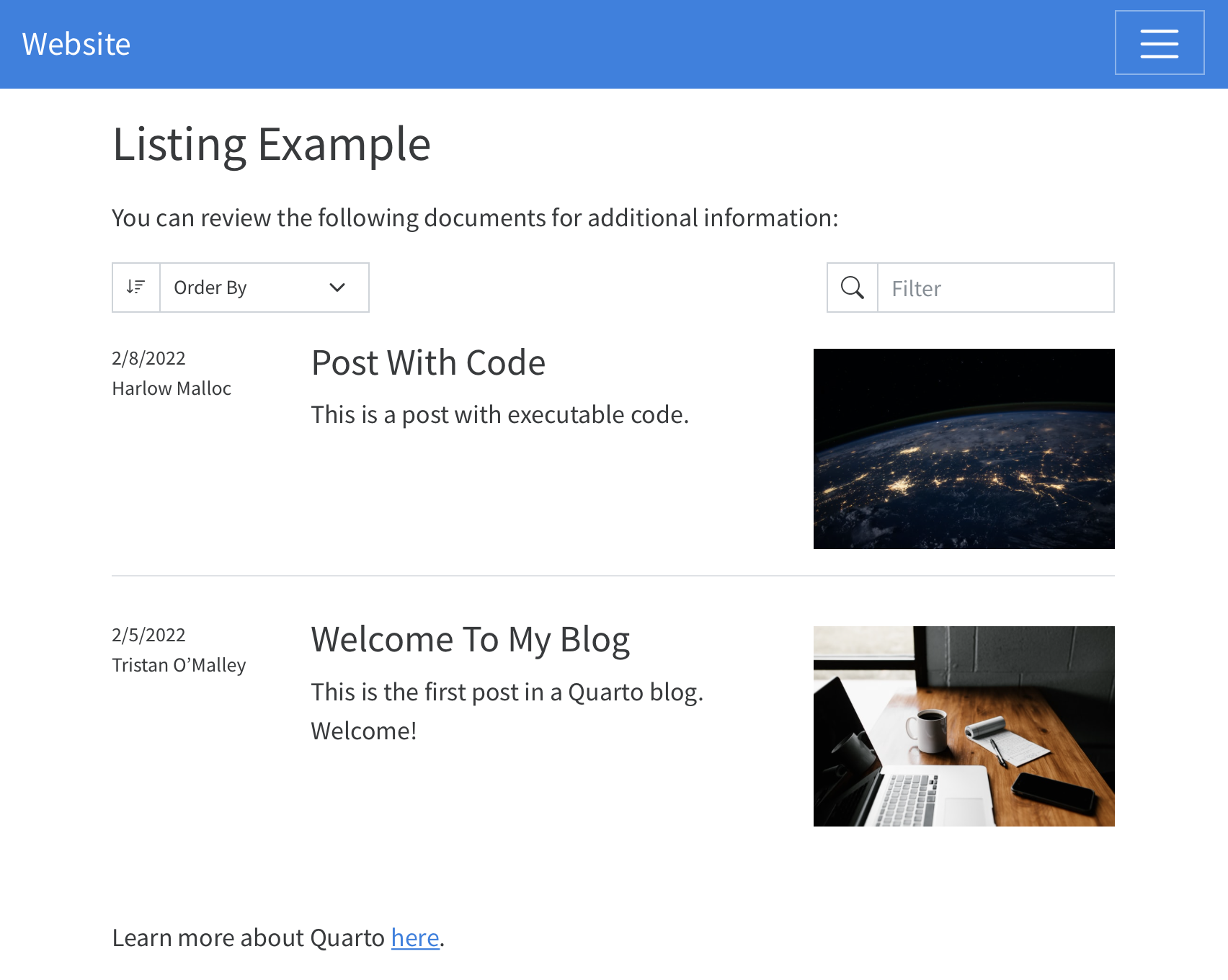 Default layout listings page with a footer that reads 'Learn more about Quarto here'.
