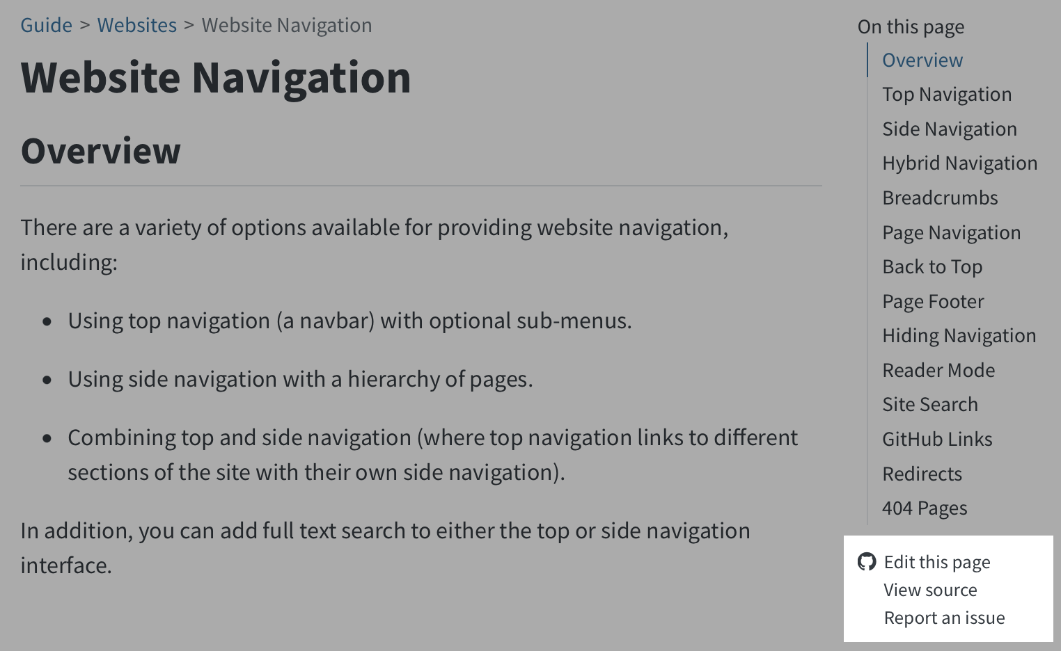 A screen shot of a Quarto document. Underneath the page table of contents on the right side are three options: 'Edit this page', 'View source' and 'Report an issue'. There is a Github icon to the left of 'Edit this Page.'