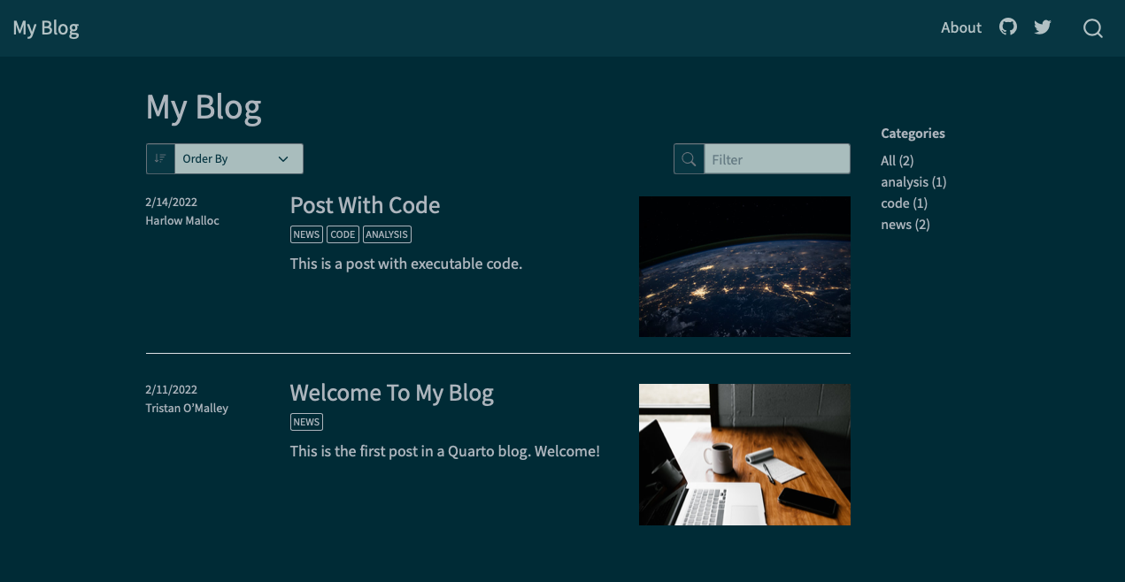 Screenshot of blog with solar theme.