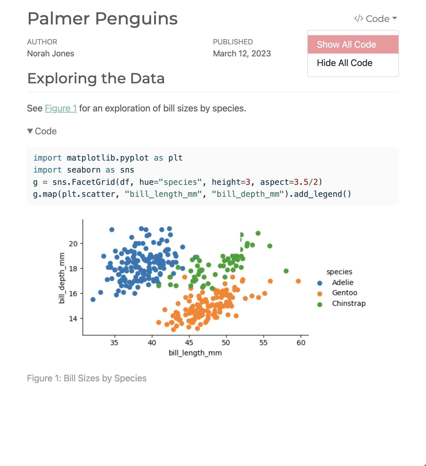 Output of example Jupyter notebook, Palmer Penguins, in HTML showing title, metadata, text, code, and scatterplot. At the top there is a dropdown option to show or hide the code.
